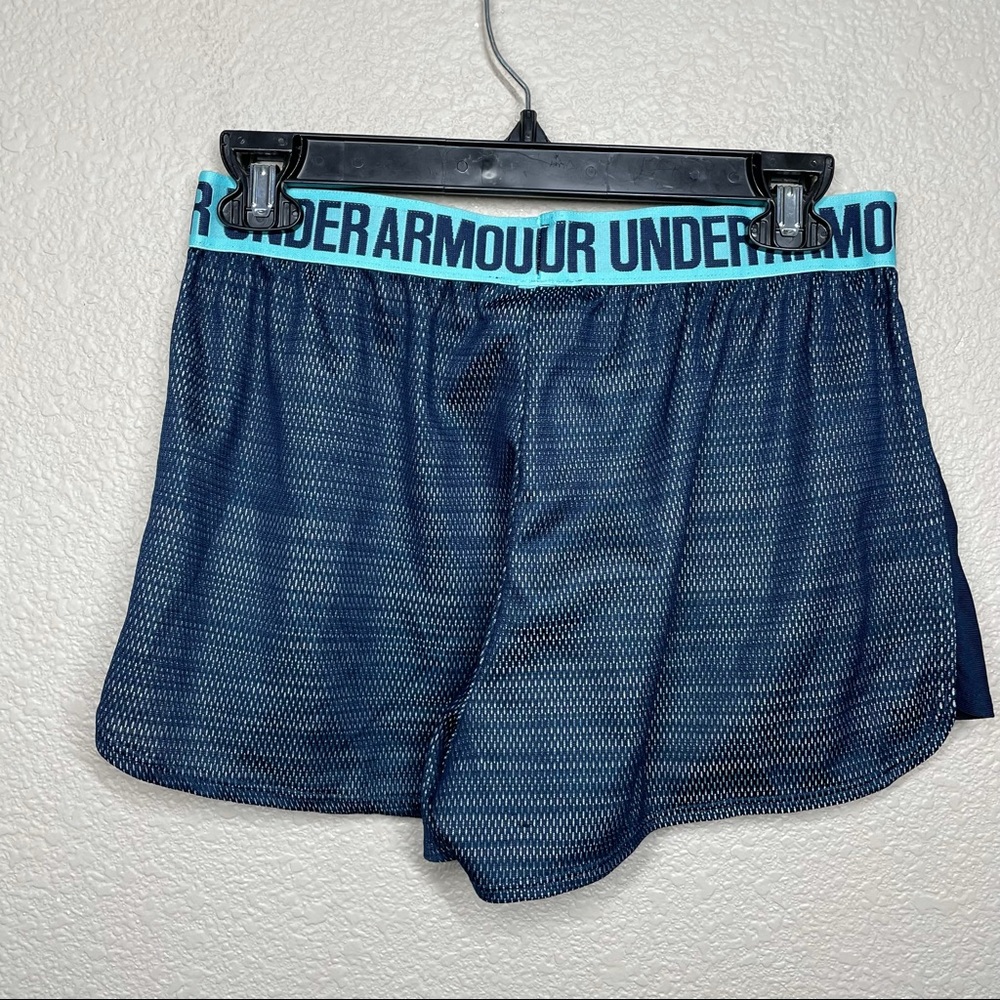 Under Armour Womens Medium Heat Gear Workout Running Shorts Blue Elastic Waist - Picture 4 of 6